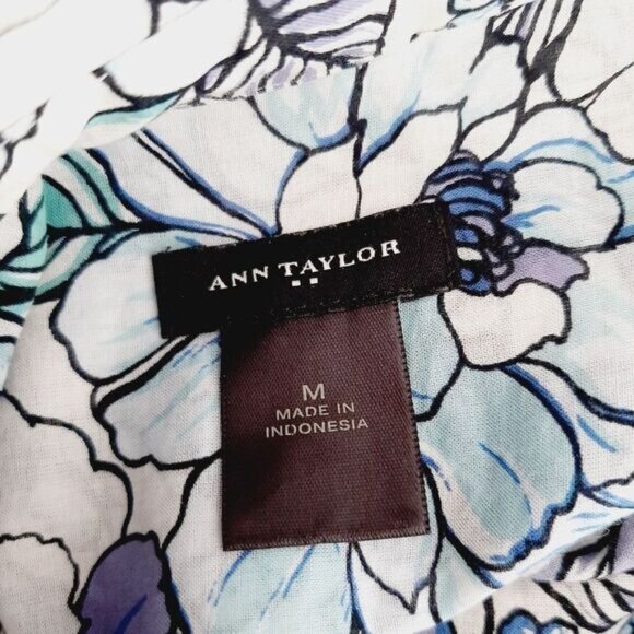 ANN TAYLOR 100% Cotton Floral Button Down Shirt Top Blue & White Sz M - Picture 11 of 13